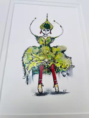 Dancer wearing red shoes with pearls Beautiful green dress