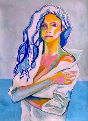 Dry brush drawing of young woman wearing a white shirt by Australian Artist Lee Wilde