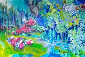 Contemporary impression of native Galah birds feeding in a Hydrangea garden