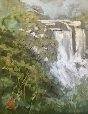 Barron River Falls in flood misty silver water spray wet foliage mystical