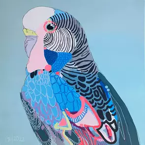 A mixed media painting of a budgerigar with a pale blue background. The budgie has a mid blue tones, with abstract pale yell…
