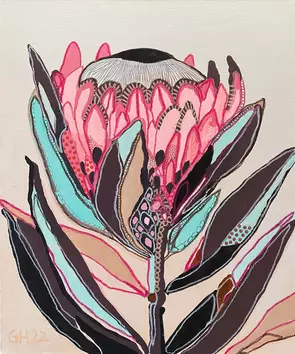 Hot pink protea with dark browns and green leaves, on a pale pink background.