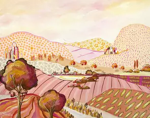 Landscape in peachy and pink tones, mountains in the background. Full of patterns and playful abstract elements.
