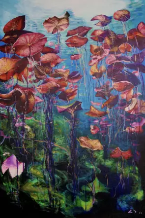 WATERLILY POND - UNDERWATER 2: OPEN by Lily Iris, Acrylic, Botanical