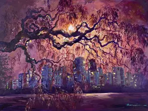 An expressionist painting of Sydney skyline at sunset, interrupted by a dancing branch of a gumtree.