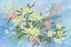 Wildflowers and greenish white Waratahs on a soft blue background