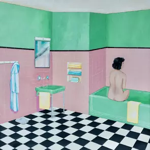 Woman sitting on bath in 1960s bathroom.