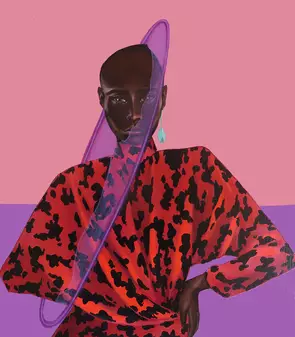 The painting depicts a woman of colour with a red and black patterned dress in front of a colourful background composed of 2…