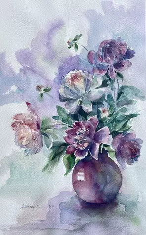 An expressionist watercolour painting of purple and pink peonies in a terracotta vase.