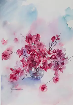 An expressionist watercolour painting of big bunch of magnolias in magenta colour, in a round glass vase.
