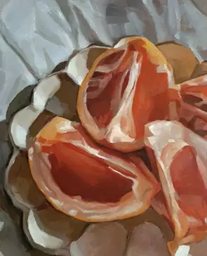 Oil painting of a still life platter of fruit