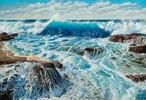 Crashing ocean waves onto beach and Rocks