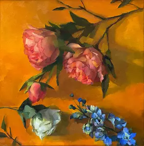 Roses &amp; Delphiniums (AAF SYD) by Colleen Stapleton, Oil, Realism
