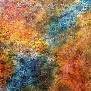 Highly textures abstract of blues, ochres and gold