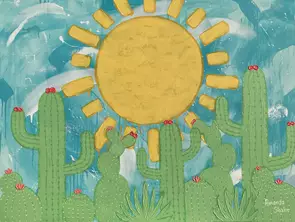Textured green cacti on blue background with yellow sun
