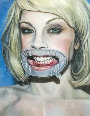 A portrait of a woman wearing a dental dam.