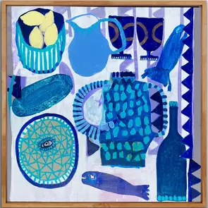 Tablescape including a fish and crockery against an abstract white background.