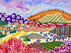 An imaginary landscape with hills and mountains which are all covered in clashing and complementary patterns and bright colo…