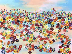 This is an abstract interpretation of a field of wildflowers at sunset.