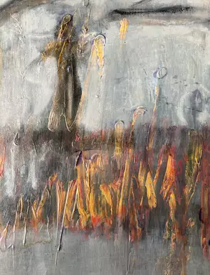 Side one - human, burnt trees, flames Side two- human face overlooking flannel flower