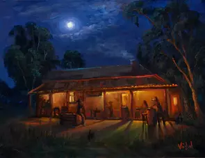 Original oil painting of Urban nocturne with light by Christopher Vidal