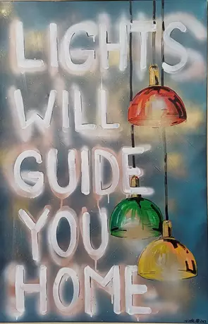 Lights Will Guide You Home graffiti text with green, red and gold lights.