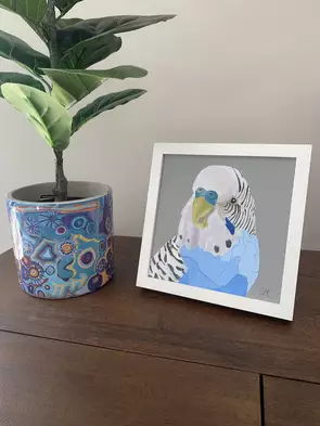Blue budgie thick textured painted breast on grey background