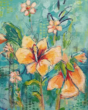 Brightly painted orange and pink hibiscus flowers against a lively background of green and blue glazes and stencilling