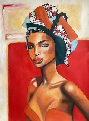 Drawing of a beautiful young African American woman wearing a red dress and patterned headscarf.