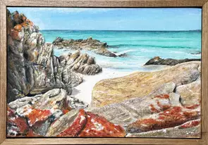 The paiting shows brilliant orange-red rocks towering over snow-white sands with a clear sparkling sea behind. Waves gently …