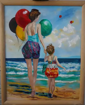 My framed original oil painting depicts a serene scene along the shore, where a mother and her daughter enjoy a leisurely st…