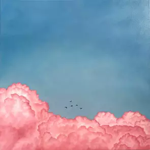 Oil painting of a summery sky with pink clouds and birds