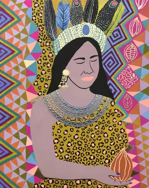 This artwork is inspired in the mayan culture and the cacao ceremony.