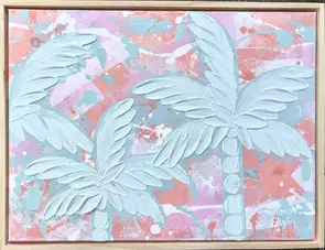 Three textured blue palm trees on orange and pink background