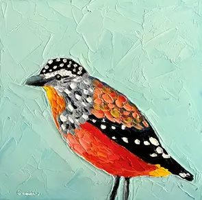 Small painting of a cute Australian Spotted Pardalote painted in textured oil paints.