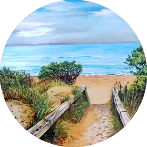 A round canvas depicting a rushing stream coming from sunlit ferns at the back and winding through large mossy rocks til its…