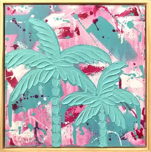 Two textured blue palm trees on pink background
