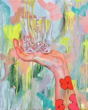 abstract marks in pink, blue, green and grey. A hand holds an empty glass. The arm is tattooed with Andy Warhol's flowers.