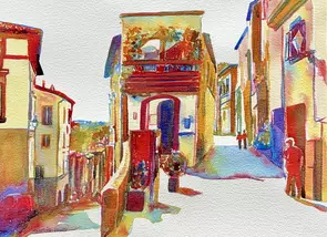 This vibrant watercolour painting, titled Sunlit Alleyway, captures the charm of a quiet European street bathed in sunlight.…