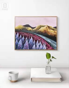 A grey road skirts a yellow mountain range and purple trees in the foreground.