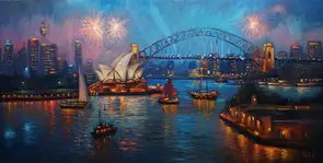 An oil painting of Sydney Harbour celebrations light at night