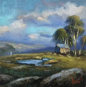 Contemporary painting of mountain views with cabin, water and gum trees.
