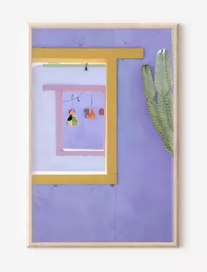Series of boldly coloured Mediterranean styled window frames with cacti and bird feeder