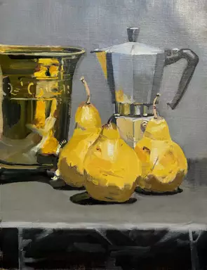 Still Life painted in the studio under a strong light of brass pot, Barelli Coffee Pot and mature green pears (yellow) on a …
