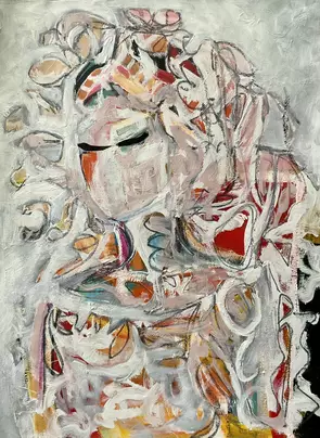 Abstract expressionist painting of a female Sylph hiding amongst Autumn leaves.