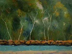 Dark bush scene with highlighted trees with white bark on a rocky creek bank next to a turquoise sea ceek