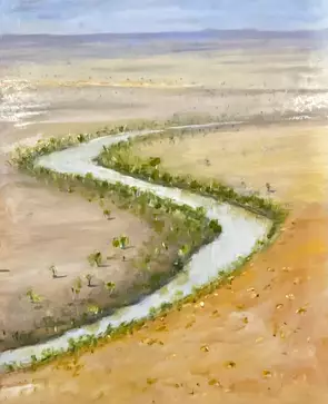 This painting is an aerial perspective capturing first light and the soft pastel colours in the Channel Country as the ancie…