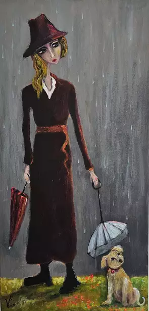 Woman walking dog hat and umbrella
