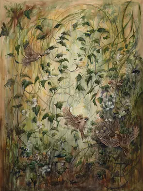 Many chickadee sparrows are playing and gathering at a forest canopy with gold olive colour tones and beautiful white flower…