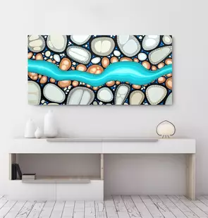 Crystal blue streams of the Blue Mountains running over beautiful organic river stones. Aqua blues, earthy riverstone tones.